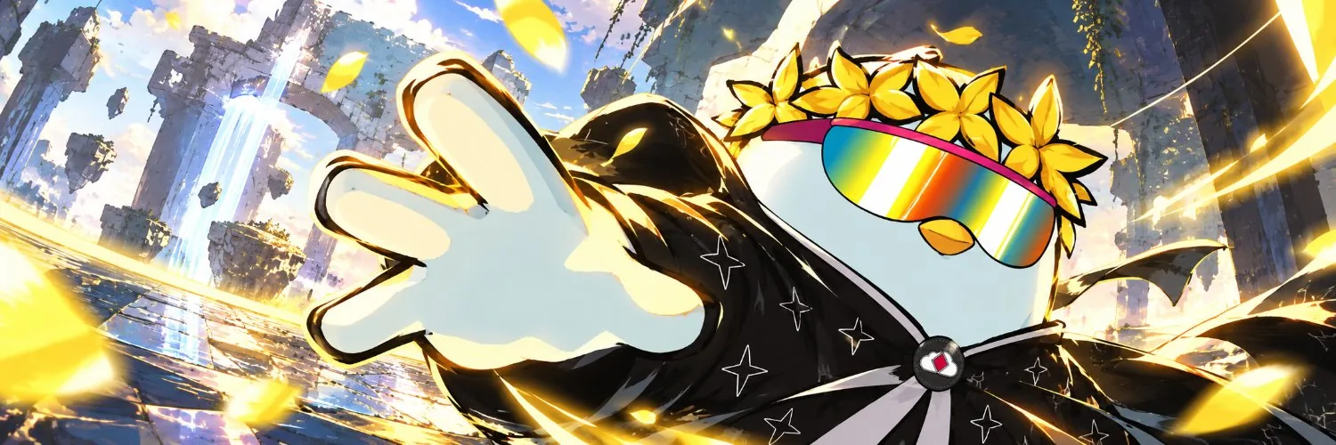 drk's penguin reaching out across floating stone ruins, yellow petals flying