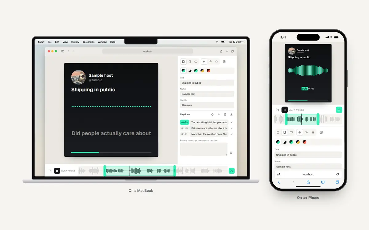The visual changes from bars to a scrolling wave, the colours change to mint and the video becomes tall, while the iPhone shortens the clip from its end