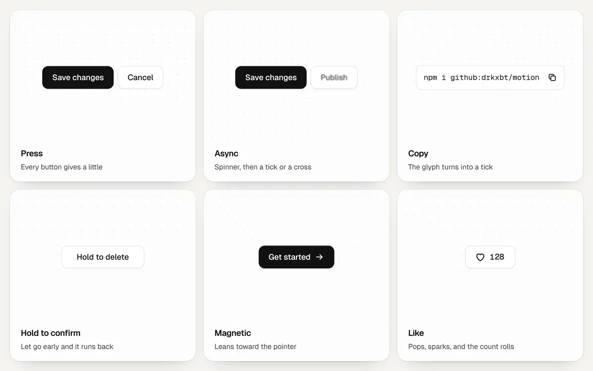 Buttons: a press, an async save, a copy, a hold to delete, a magnetic link and a like