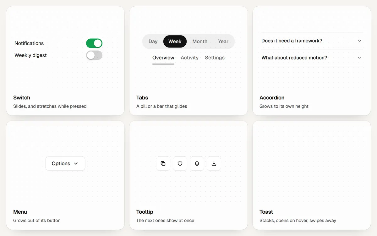 Switches, tabs, an accordion, a menu, tooltips and a stack of toasts