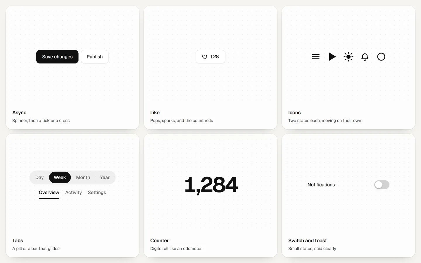 A tour of the kit: an async button saving, a like that pops while its count rolls, icons changing state, tabs gliding, a counter rolling and a toast arriving
