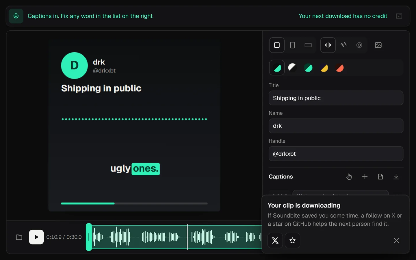 As the clip downloads, a small card in the corner thanks the user, with keys to follow on X and star the repo on GitHub