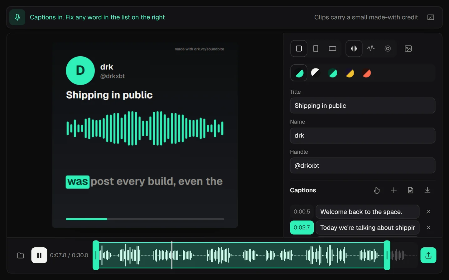Soundbite playing the sample Space: the caption lights up word by word over drk's name and title, with a small made-with credit in the video's top right corner, and the bar above says the captions are in