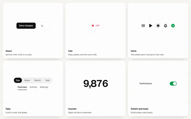 The motion tour: an async button, a like, icons, tabs, a counter and a toast